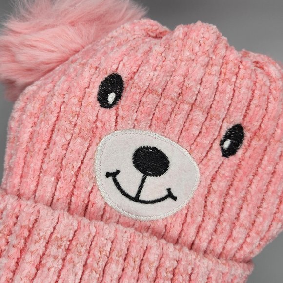 Pink Kids Teddy Bear Sherpa Lined Soft Knit Pom Pom Beanie *Warm Winter Hat - Picture 3 of 7